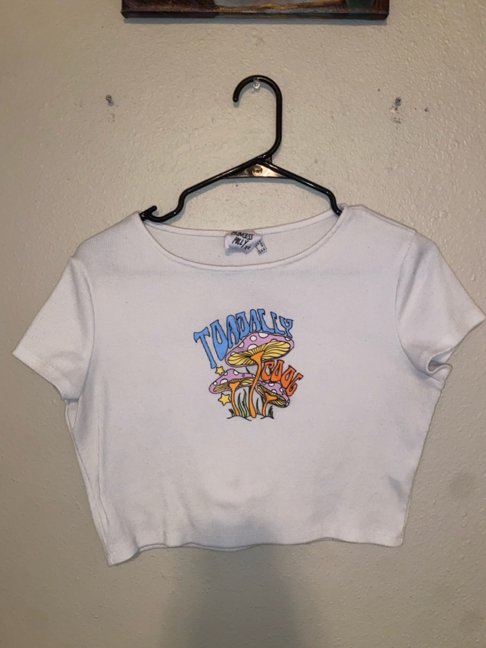 Princess Polly White Crop Tee with mushroom and ‘toadally cool’ graphic